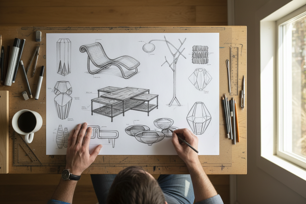 a man writing on white paper some unique designs about home decor and furniture, crafting